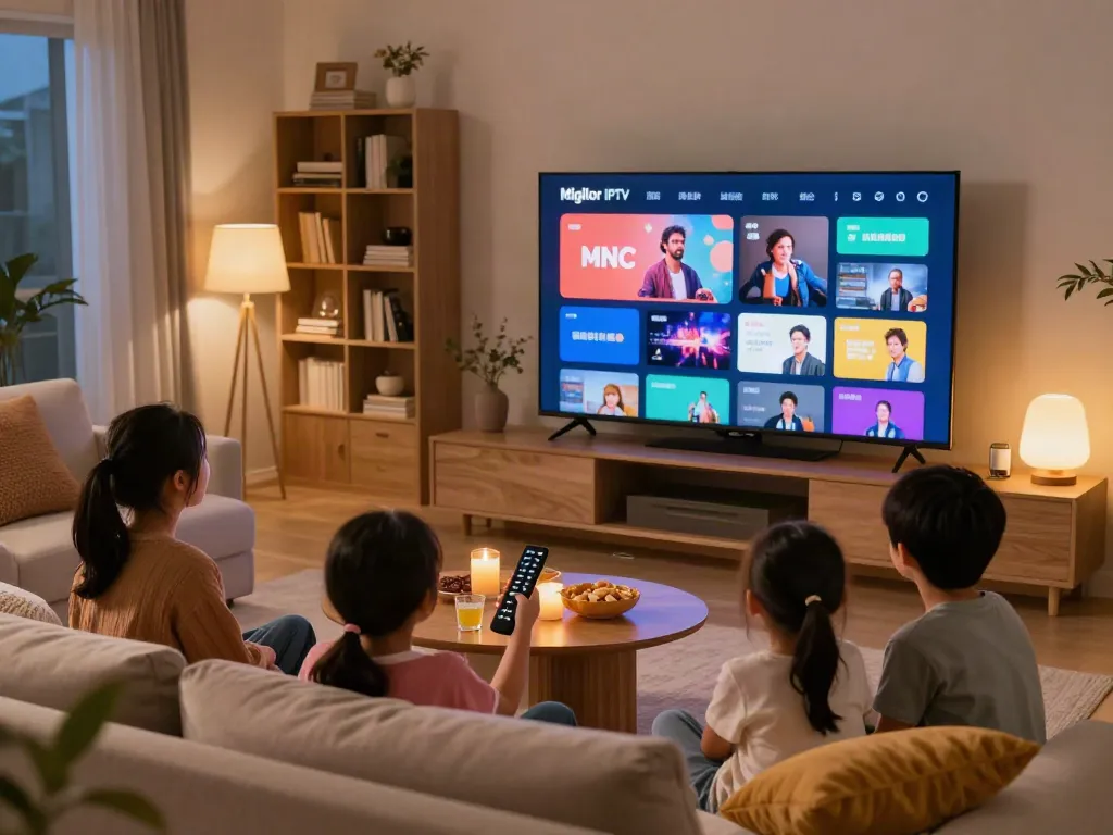 Miglior IPTV displayed on a smart TV with family enjoying entertainment in a cozy living room.
