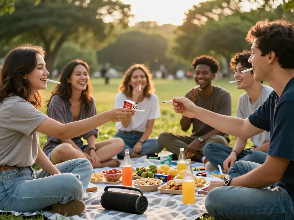 Young adults sharing rokok 88 cigarettes during a park gathering, enjoying nature and laughter.