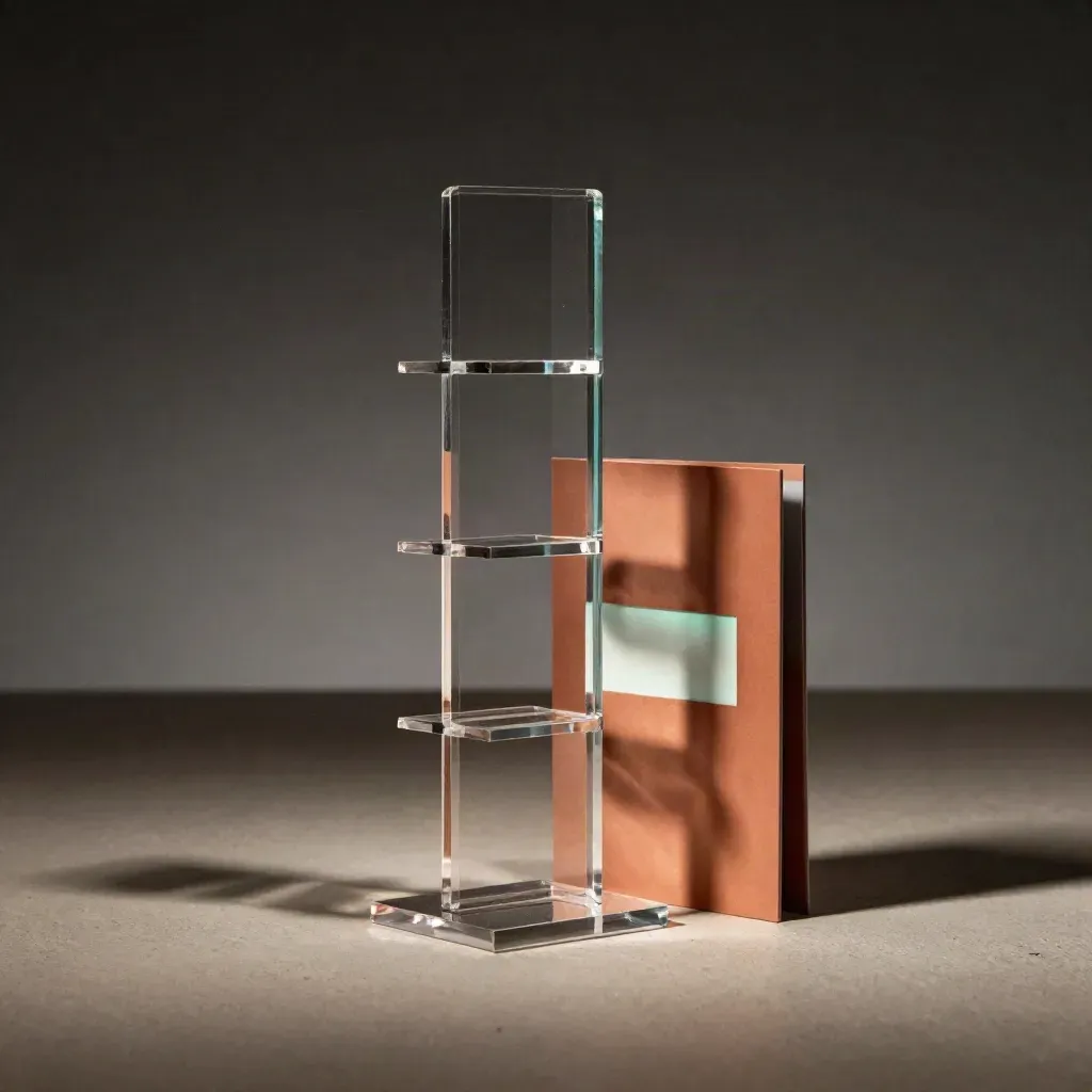Totem acrilico per link in bio con card laterale, base sottile e luce teal su sfondo terracotta.